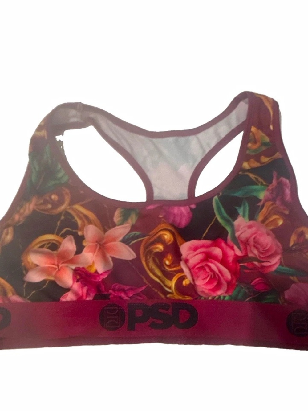 PSD Floral Racerback Sports Bra in Burgundy and Pink